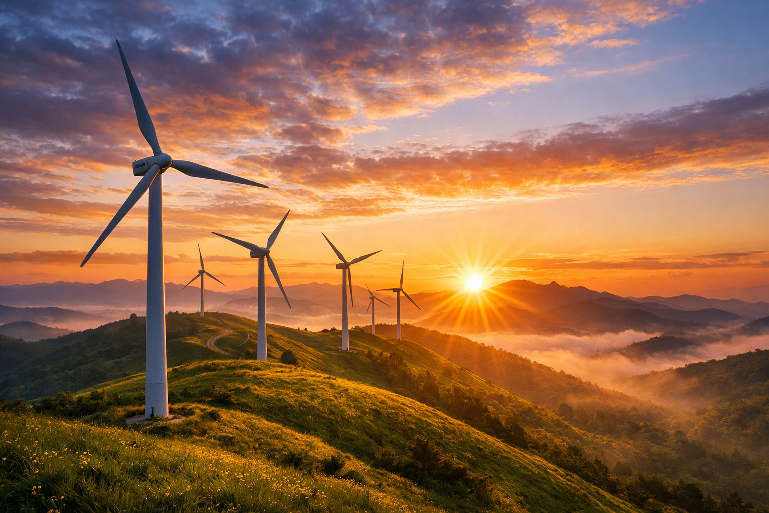 Wind turbines at sunset